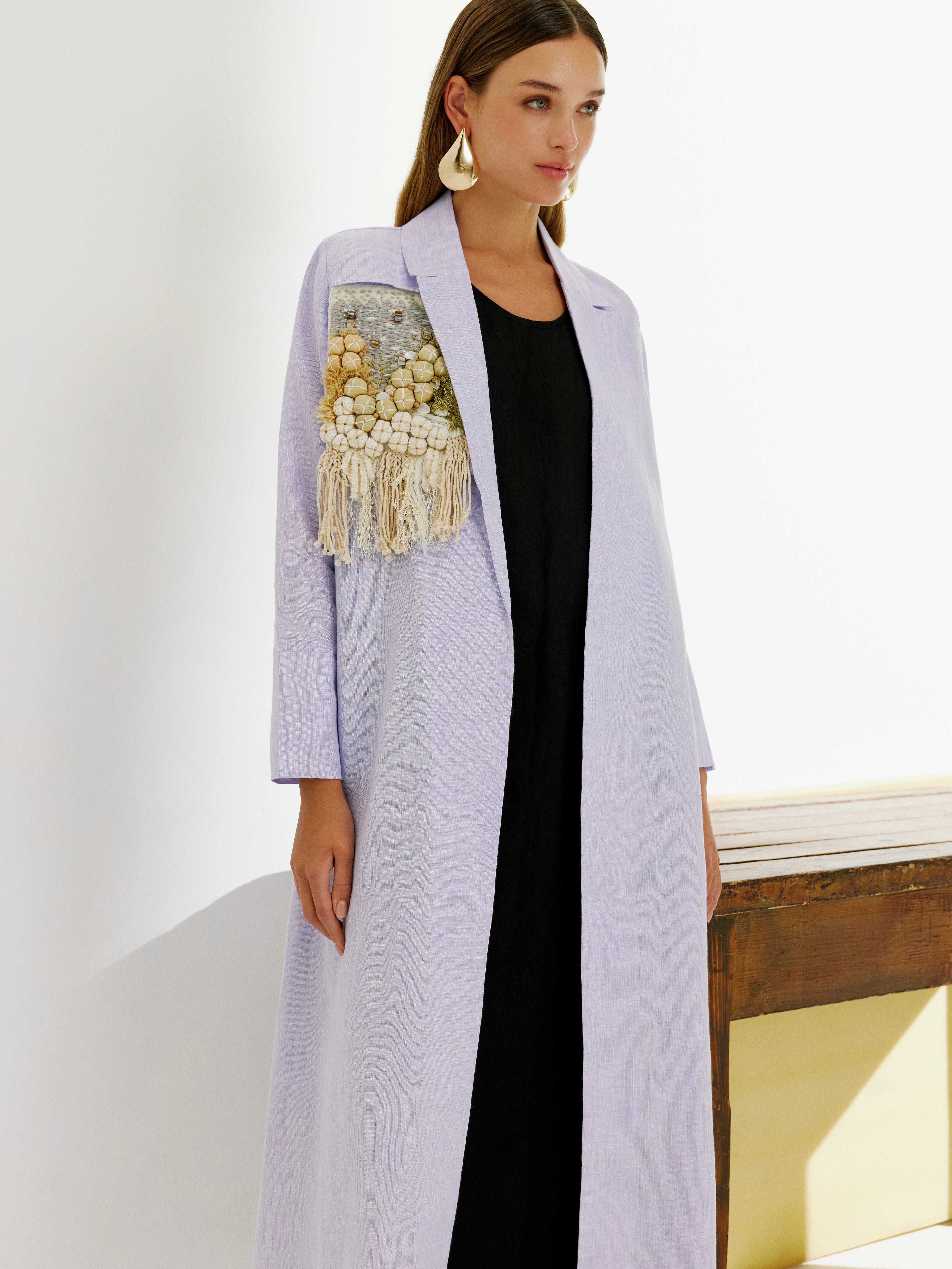 Linen Coat with Fringe Embroidery (lilac)