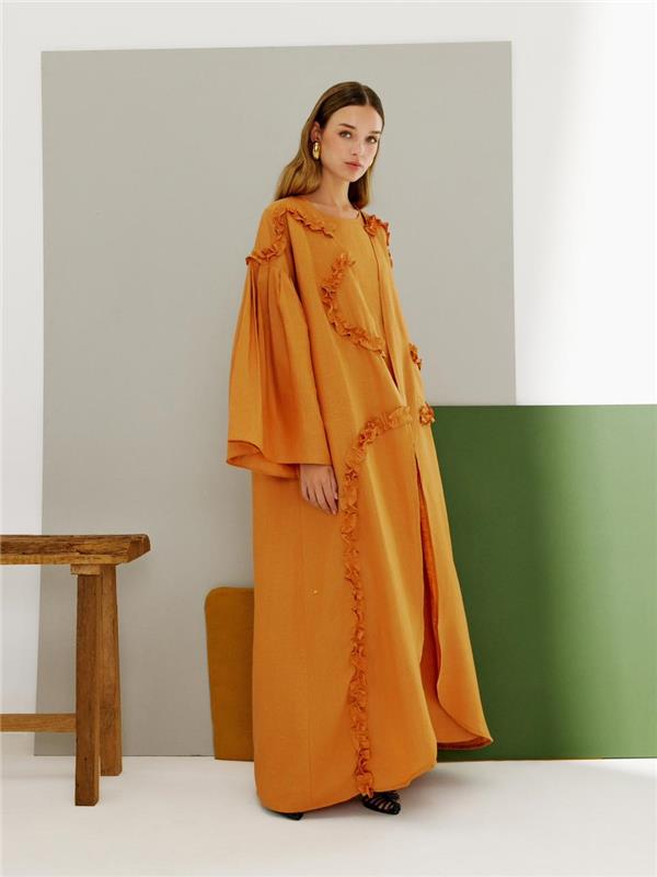 Pleated Sleeves Ruffled Abaya (Ochre)