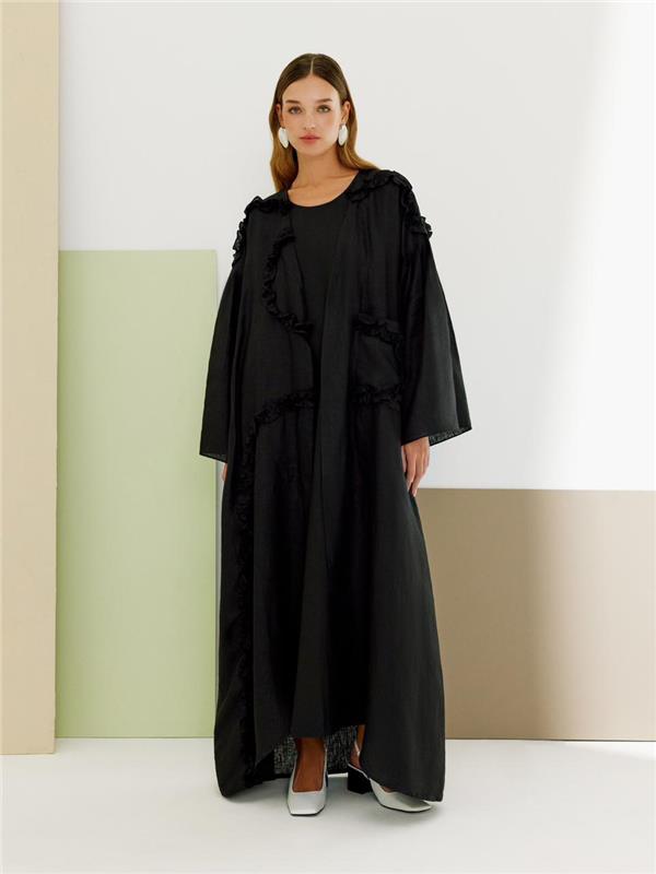 Pleated Sleeves Ruffled Abaya (Black)