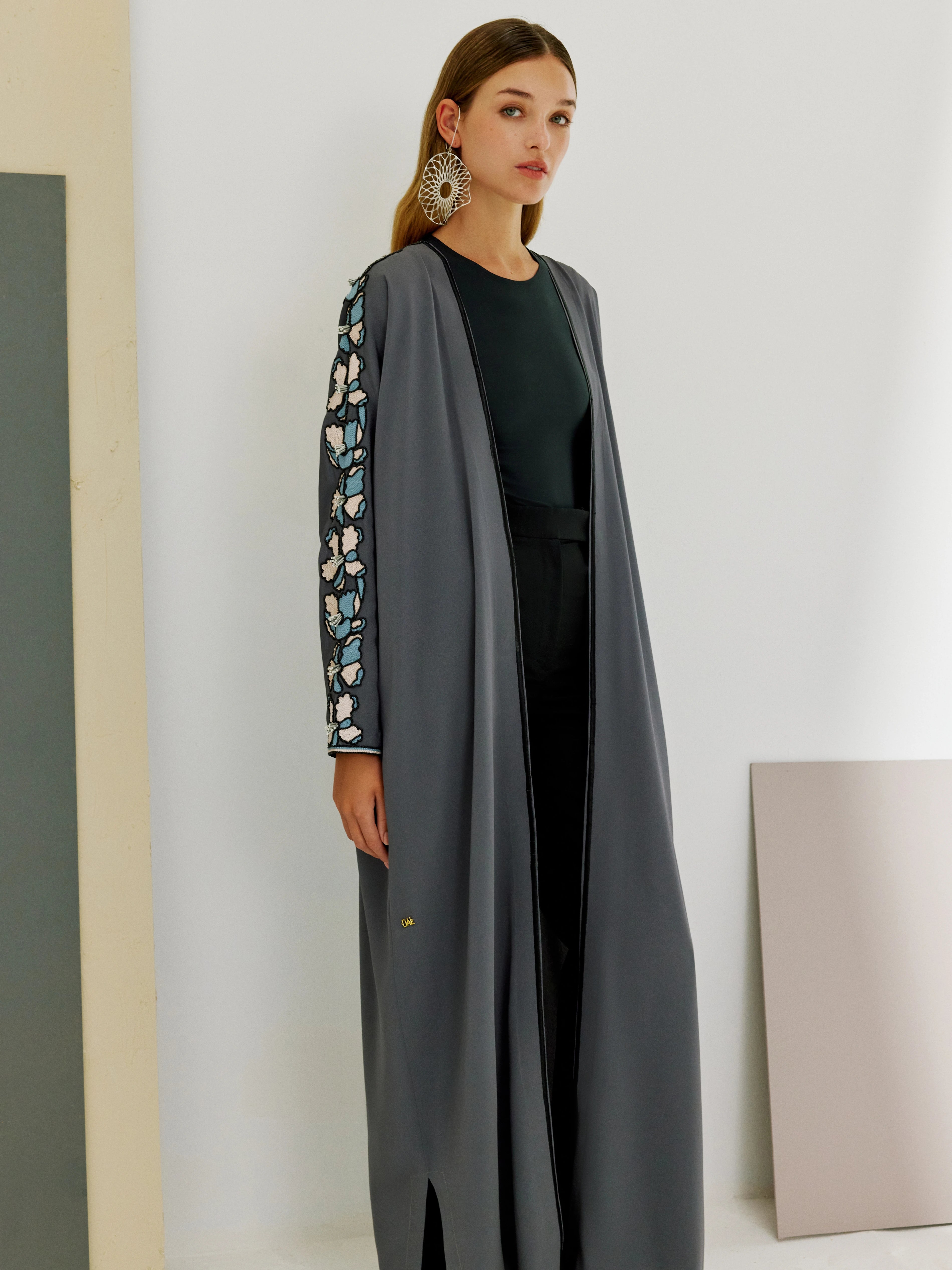 Crepe Abaya with Floral Arm Embroidery (Gray)
