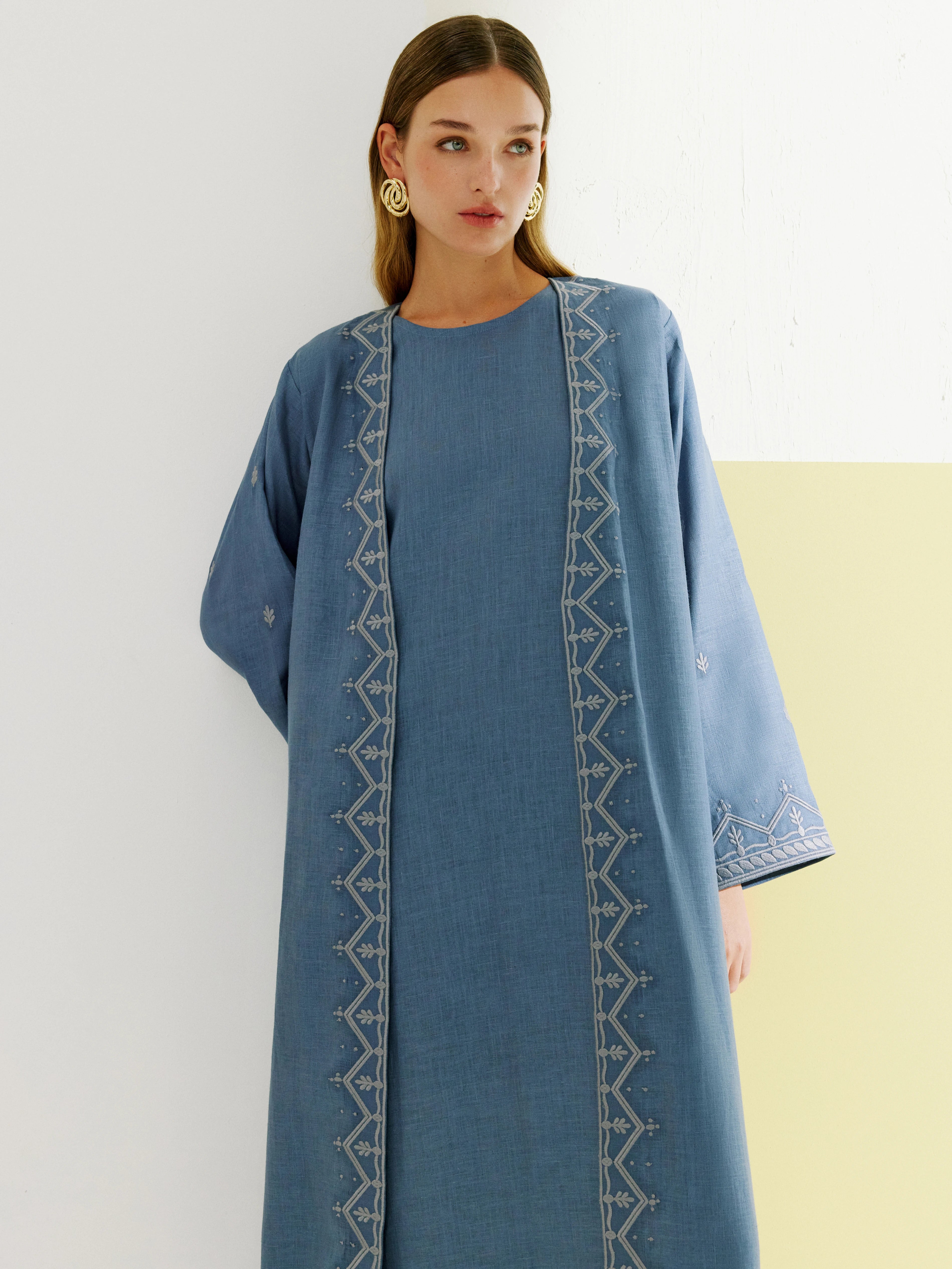 Linen Edge Embroidered Abaya (steel blue)