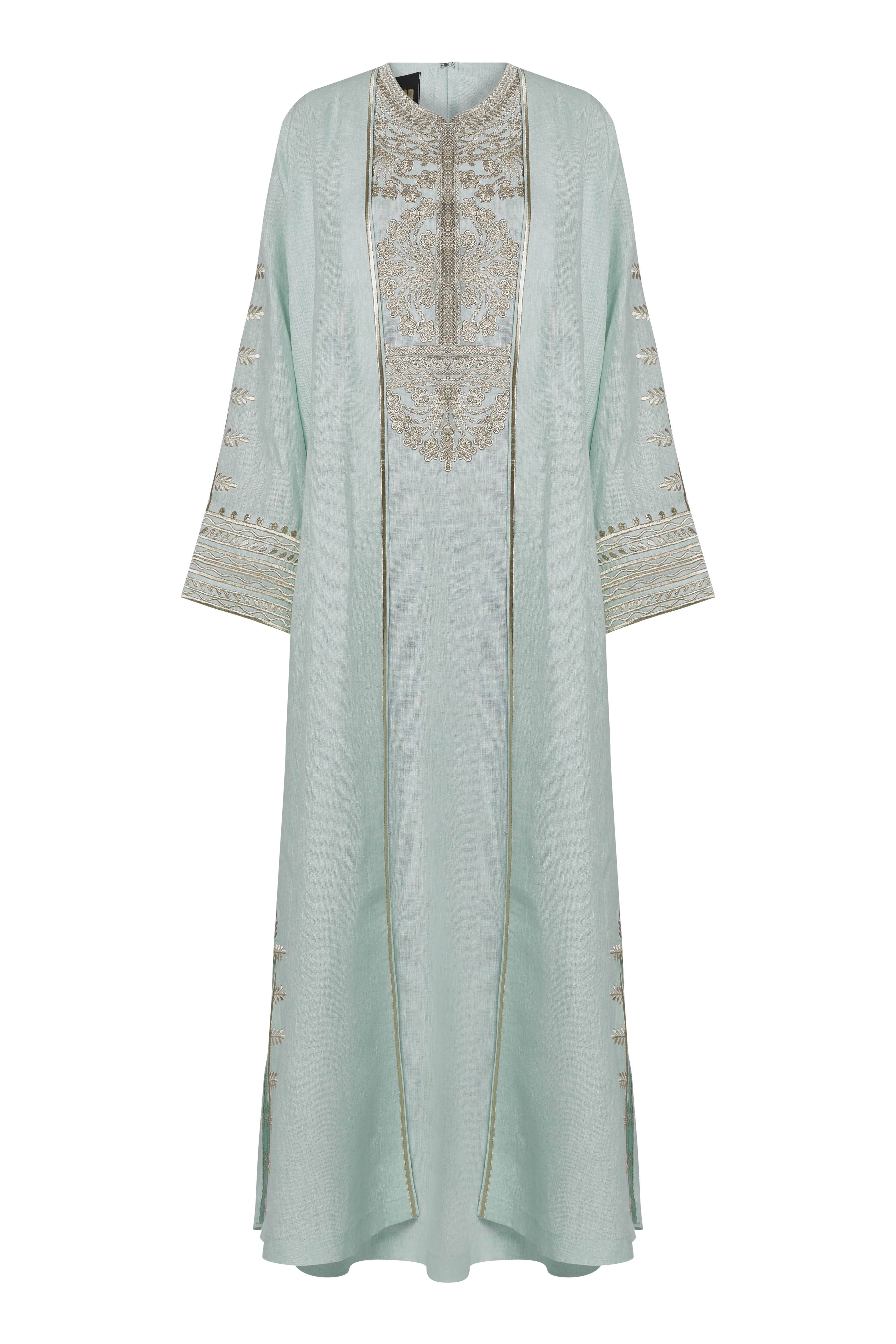Oriental Embroidery Set Linen Abaya (Turquoise)