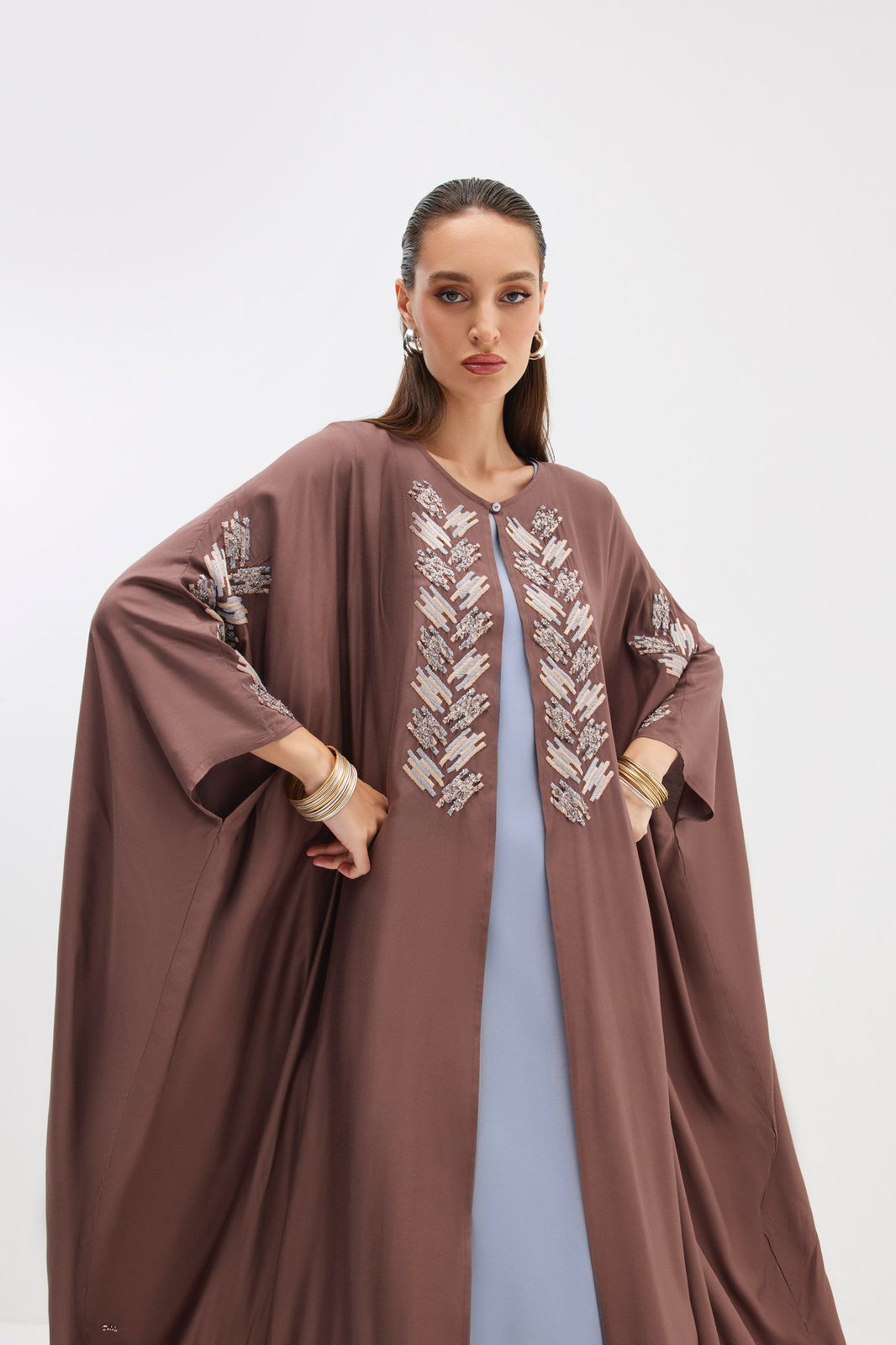 Taupe Silk Cape with Threadwork and Embroidery