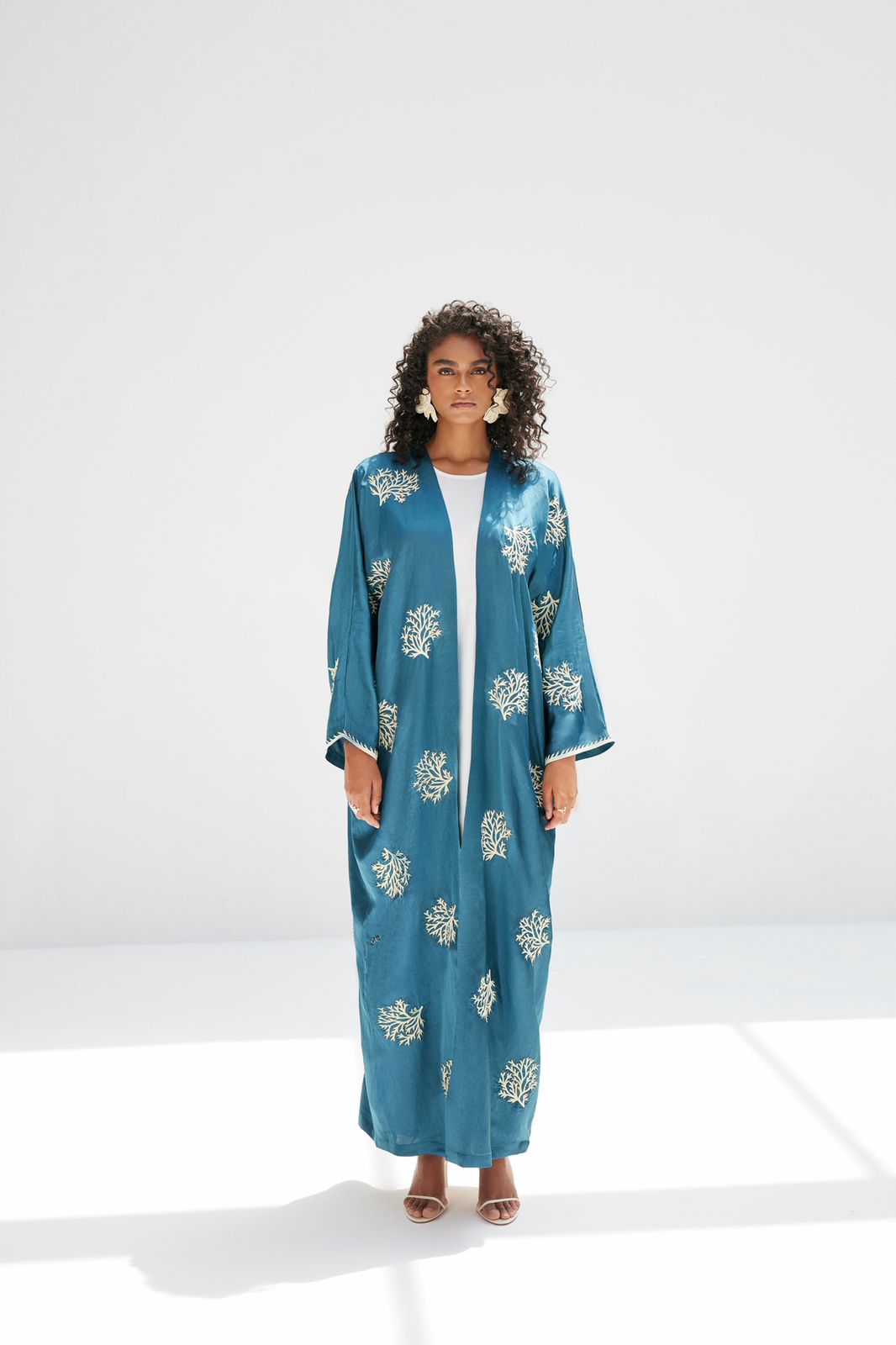 Teal Linen Silk Abaya with Coral Threadwork