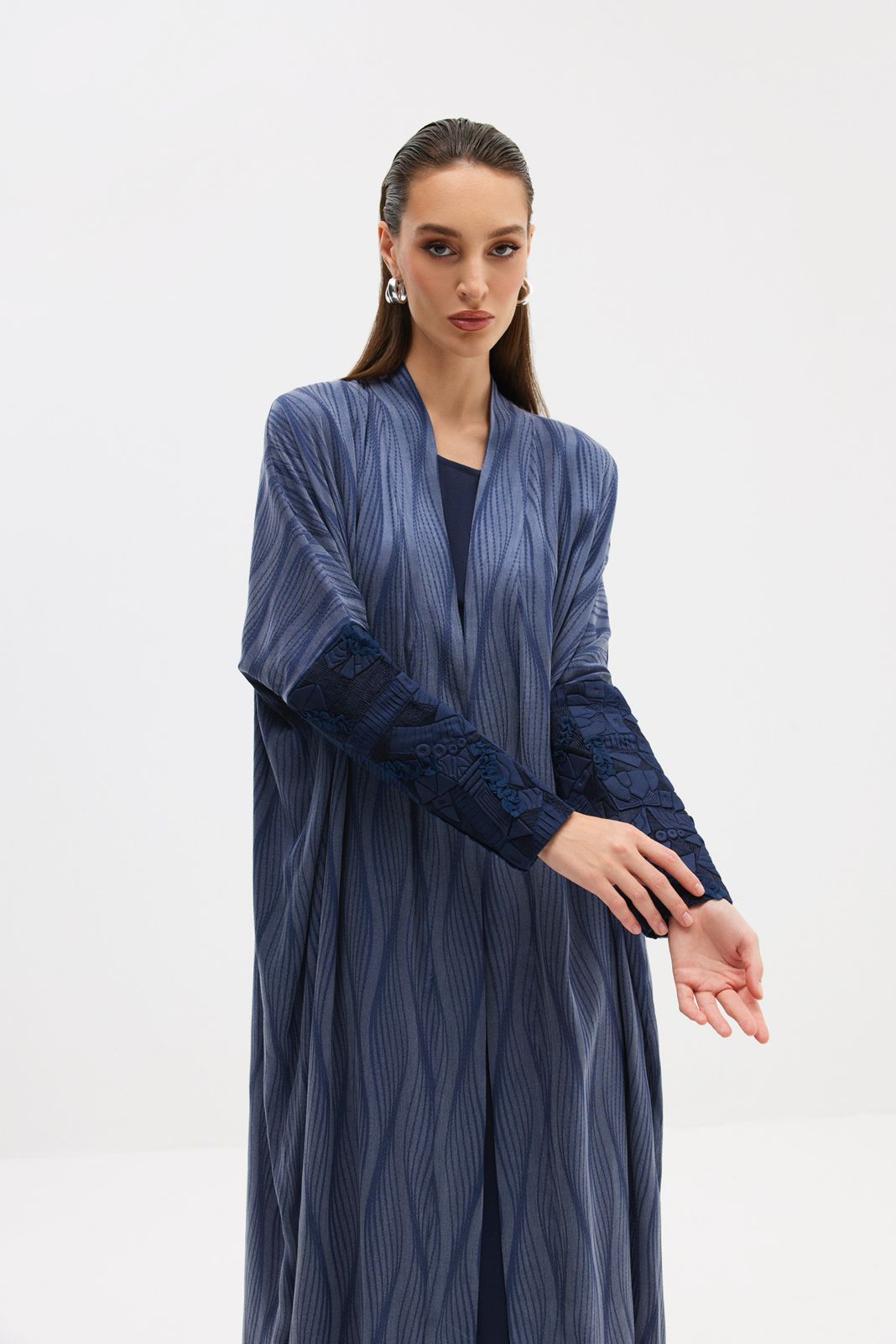 Textured Washed Silk Abaya with Textured Embroidery Sleeves