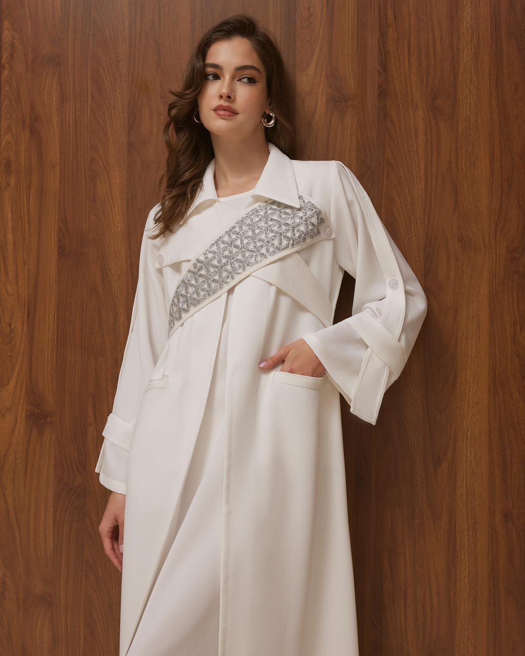 White Crepe Trench Coat with Embroidery
