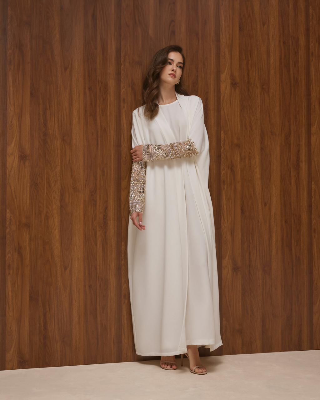 White Crepe Abaya with Sheer Gold Embroidered Sleeves