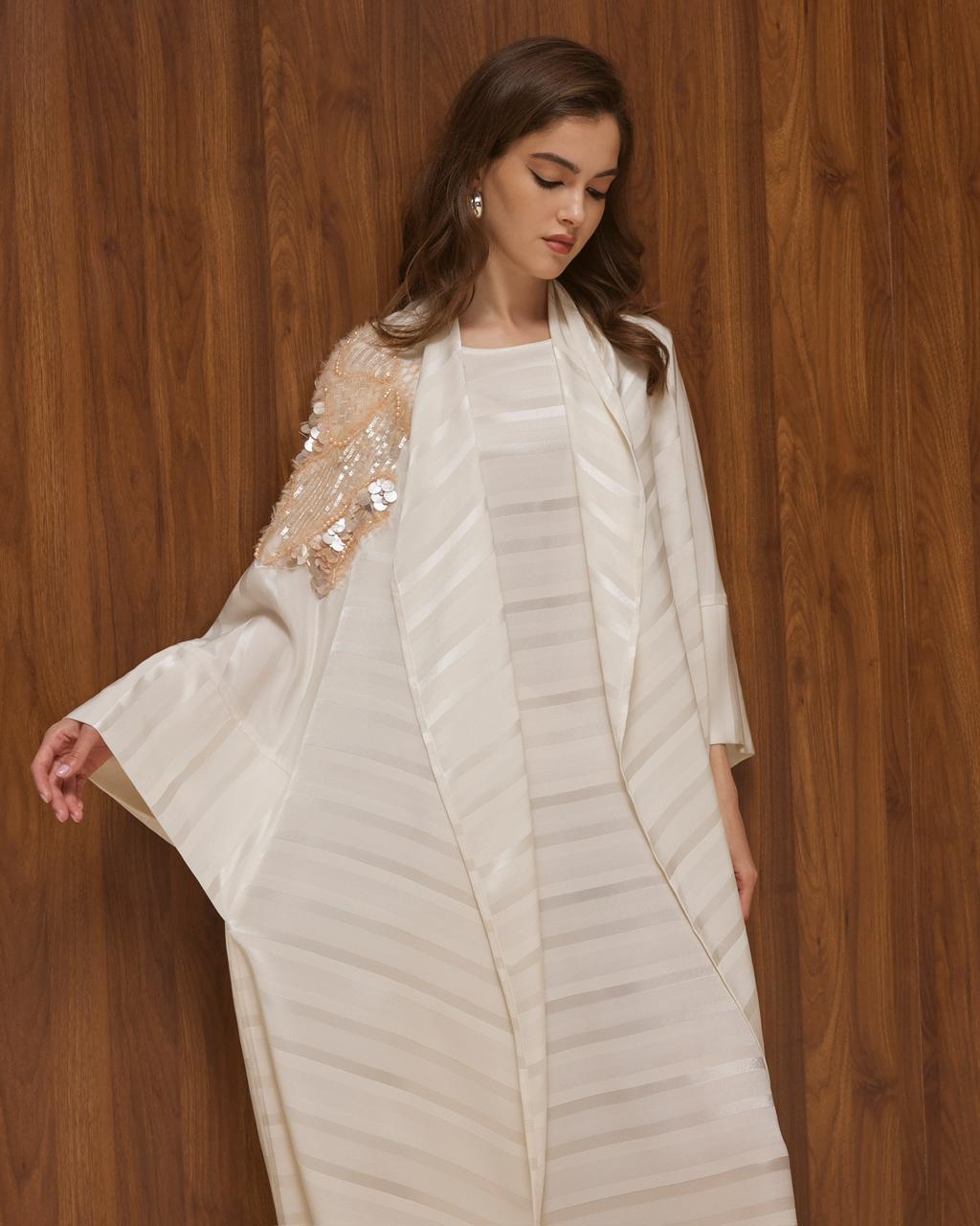 White Striped Crepe with Sequin Shoulder Embroidery