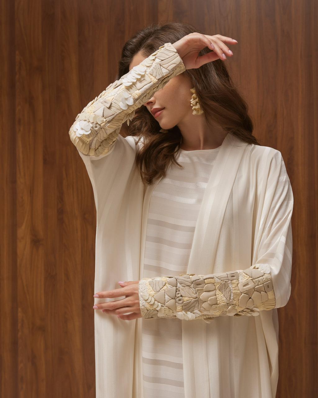 White Striped Crepe with Textured Embroidery Sleeves