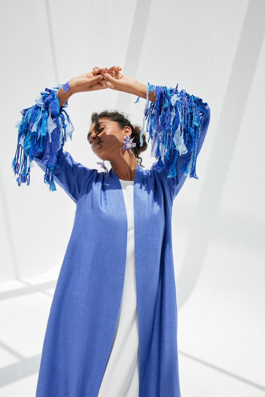 Wisteria Linen Abaya with Fringe Sleeves