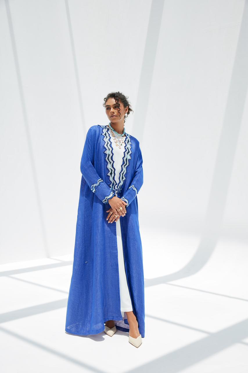 Wisteria Linen Abaya with Waves Embroidery