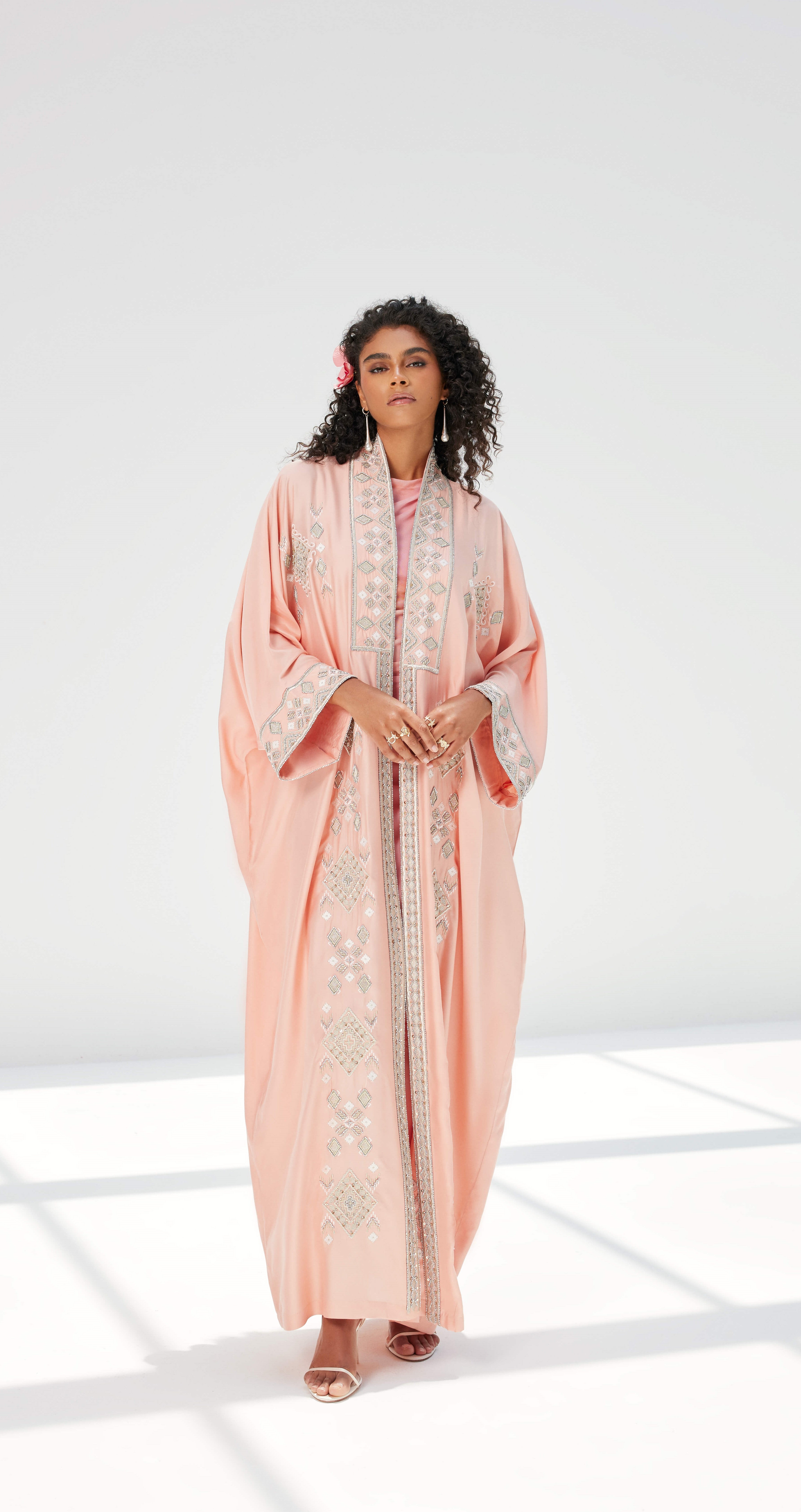 Peach Silk with Embroidered Meshlah Abaya