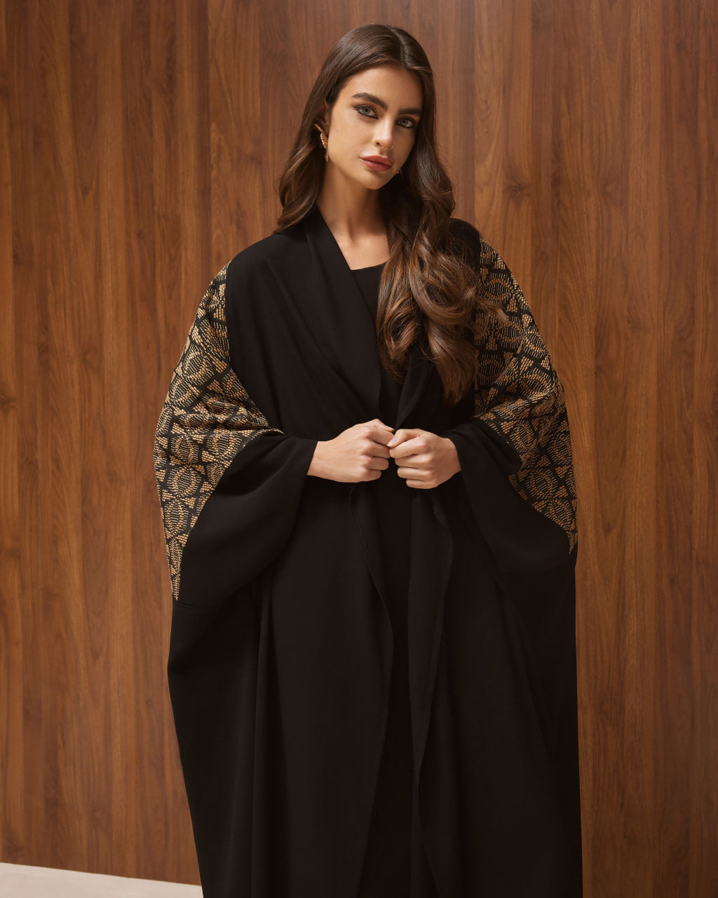 Black Poncho with Geometric Brocade Panel