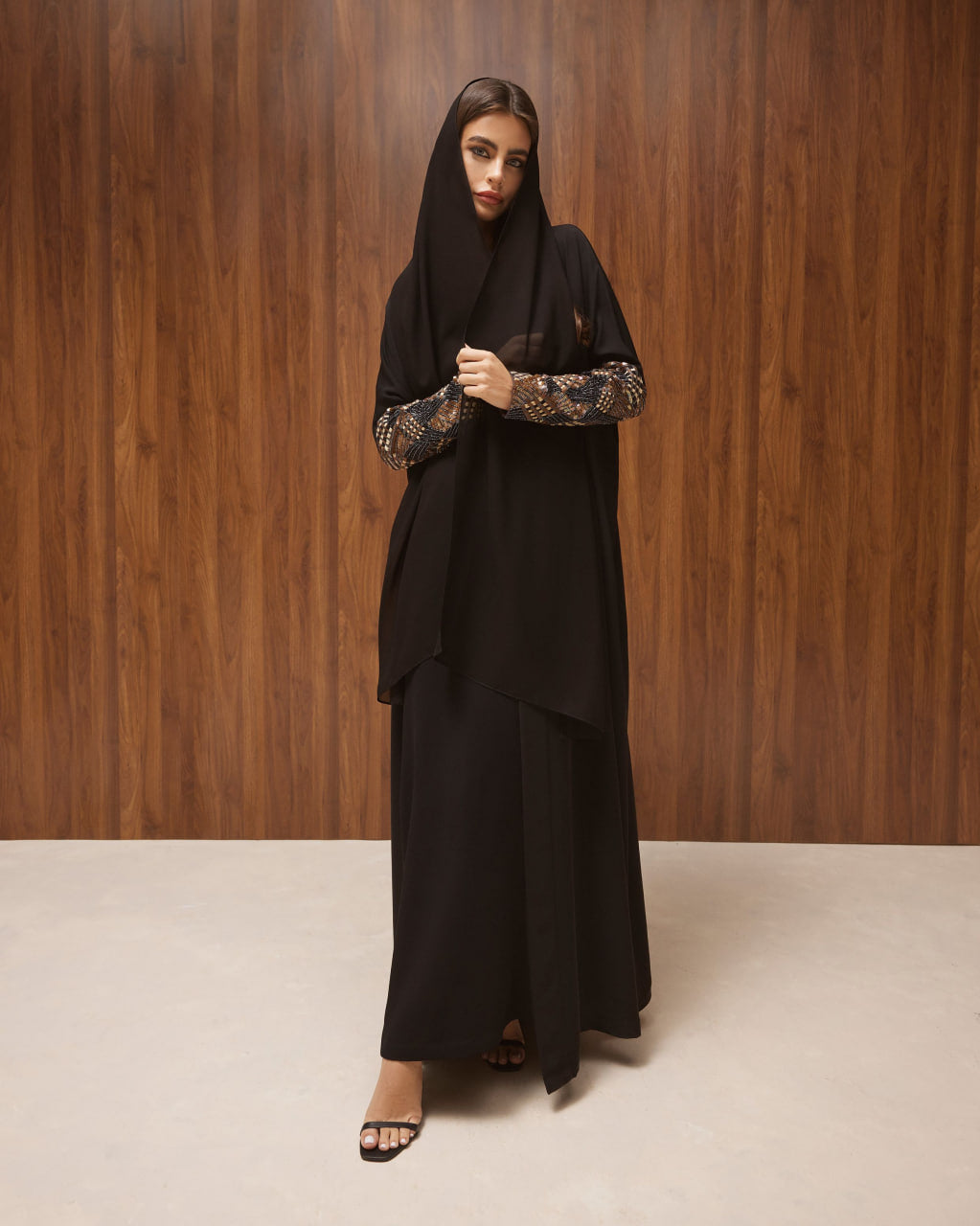 Black Crepe Abaya with Brown Beaded Sleeves