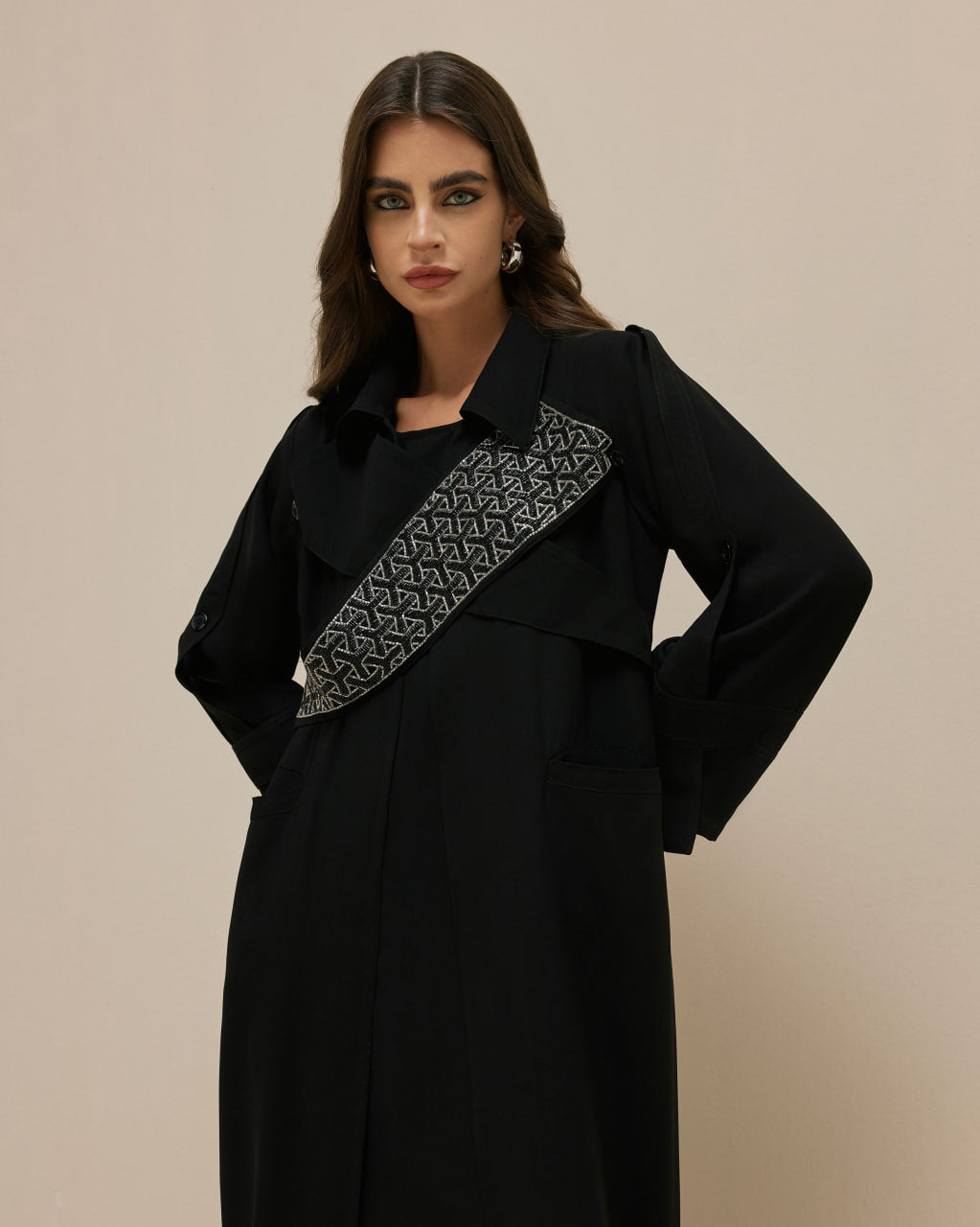 Black Crepe Trench Coat with Embroidery