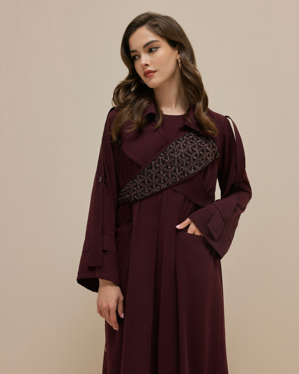 Burgundy Crepe Trench Coat with Embroidery