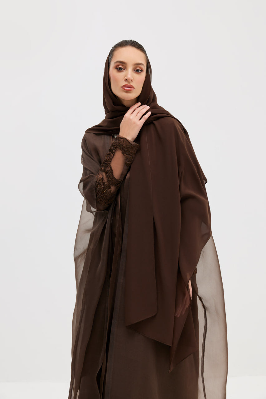 Chocolate Brown Abaya Layered with Organza and Embroidered Sleeves