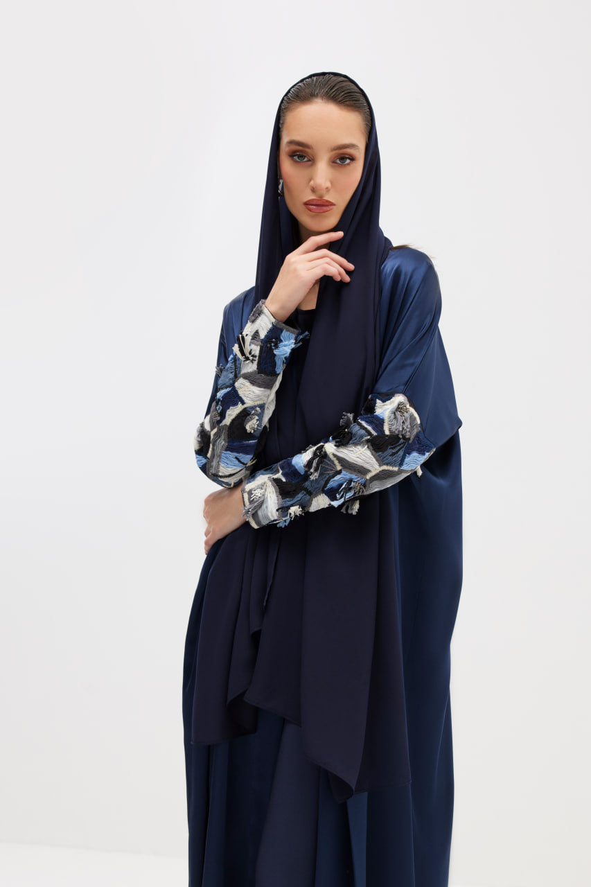 Navy Silk Crepe Abaya with Fringed Embroidery Sleeves
