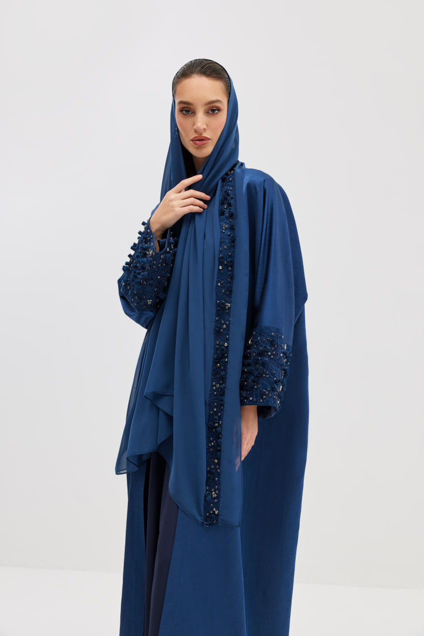 Navy Abaya with Hand Embroidered Sleeves
