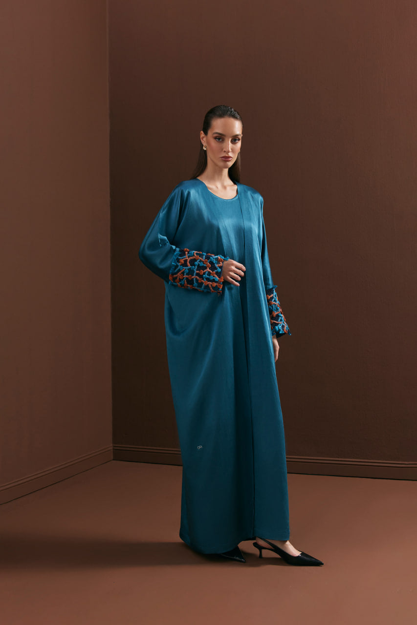 Teal Linen Silk with Copper Sleeve Embroidery