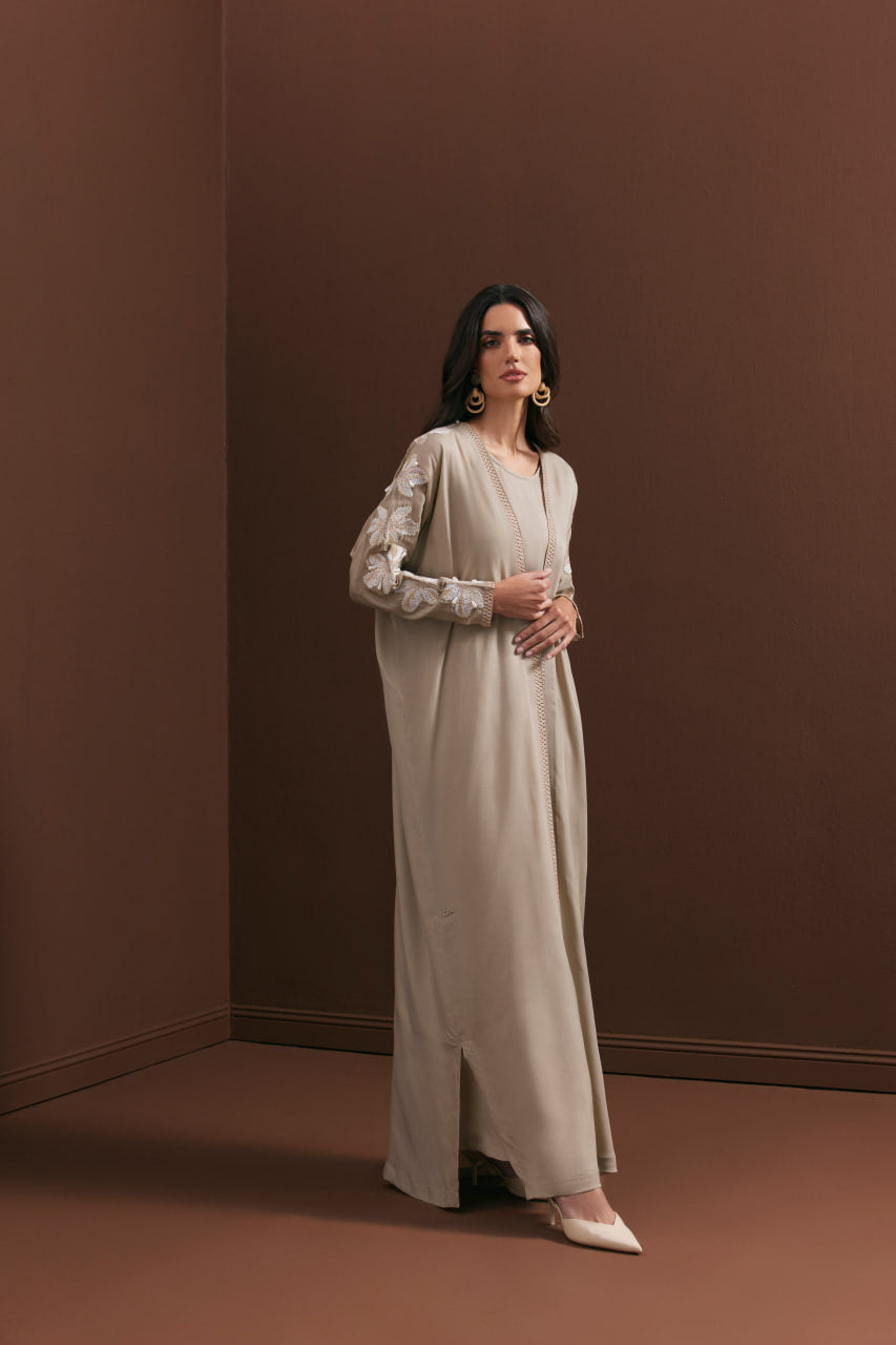 Light Taupe Abaya with Floral Embroidery
