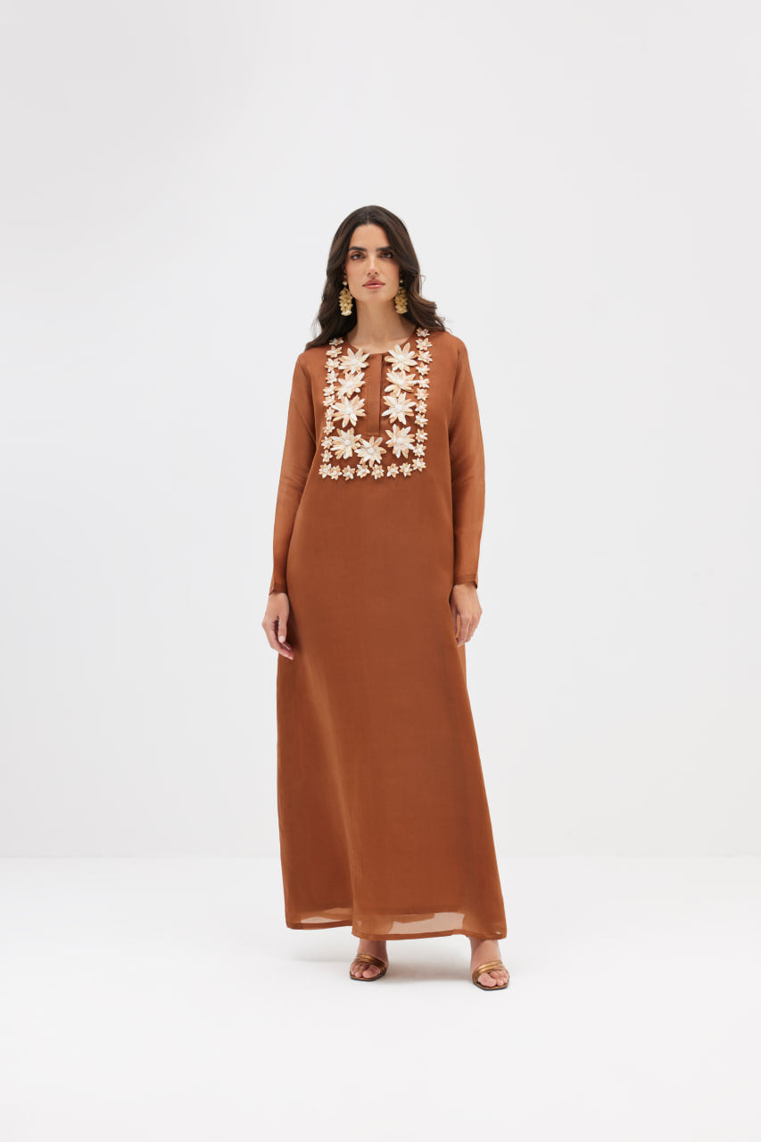 Burnt Brown Satin Organza with Floral Embroidery Collar