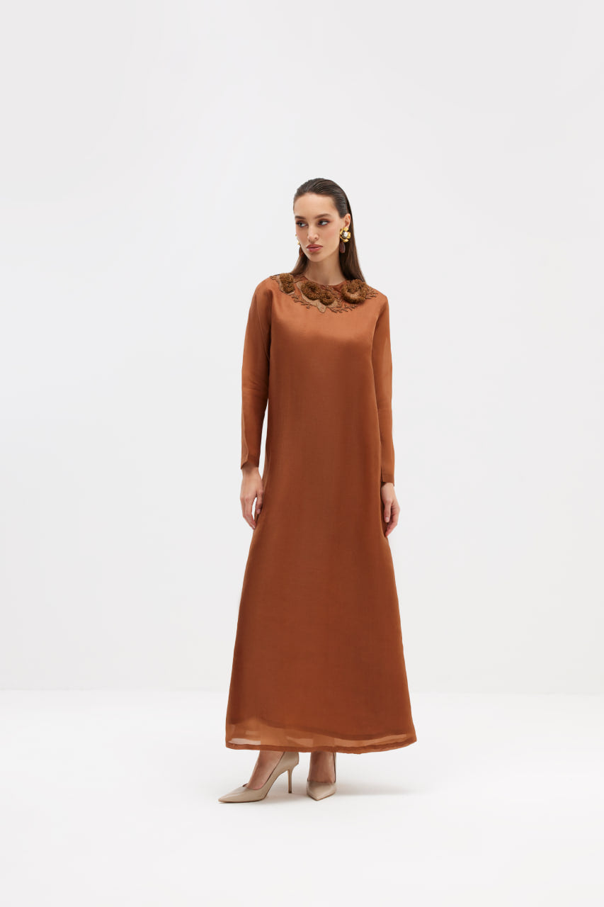 Burnt Brown Satin Organza with Raffia Embroidered Collar