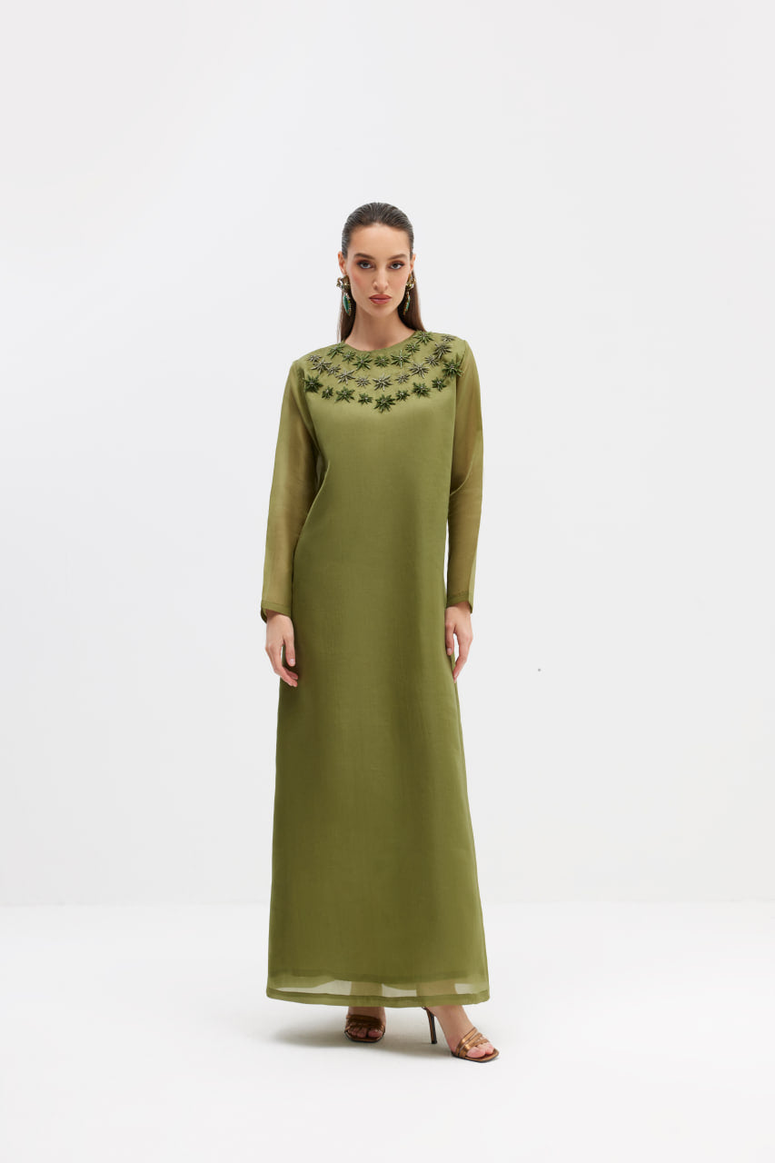 Moss Green Satin Organza with Gem Collar Embroidery