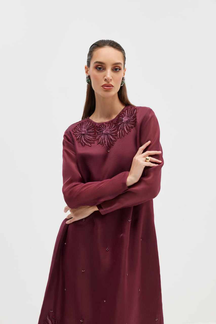 Burgundy Satin Organza with Tonal Floral Embroidery