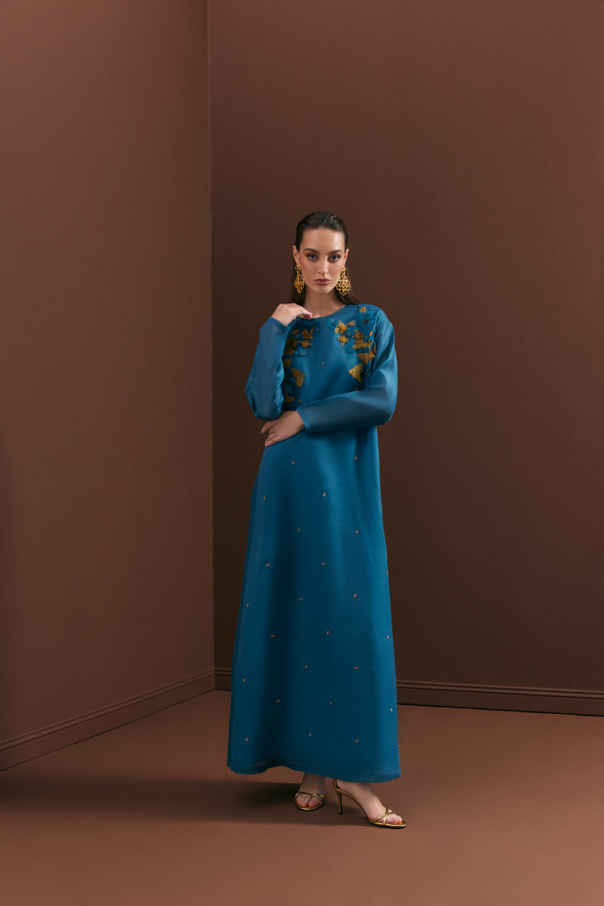 Teal Satin Organza with Gold Floral Embroidery