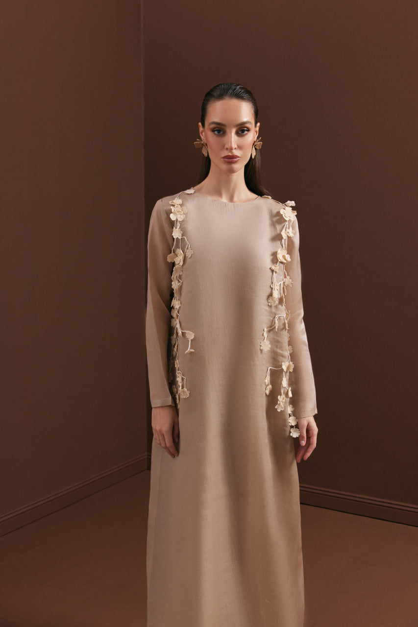 Sand Satin Organza with Dangling Floral Embroidery