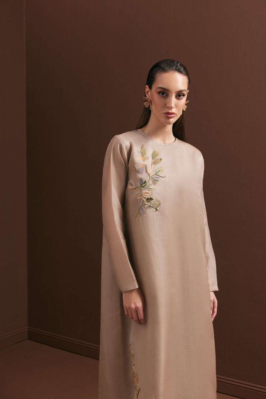 Sand Satin Organza with Garden Floral Embroidery