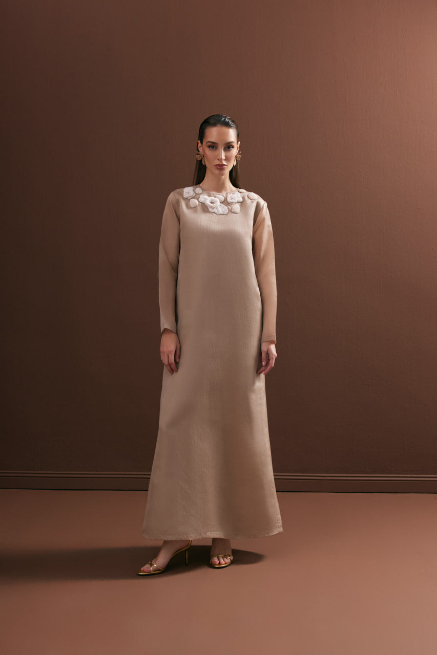 Sand Satin Organza with Raffia Collar Embroidery