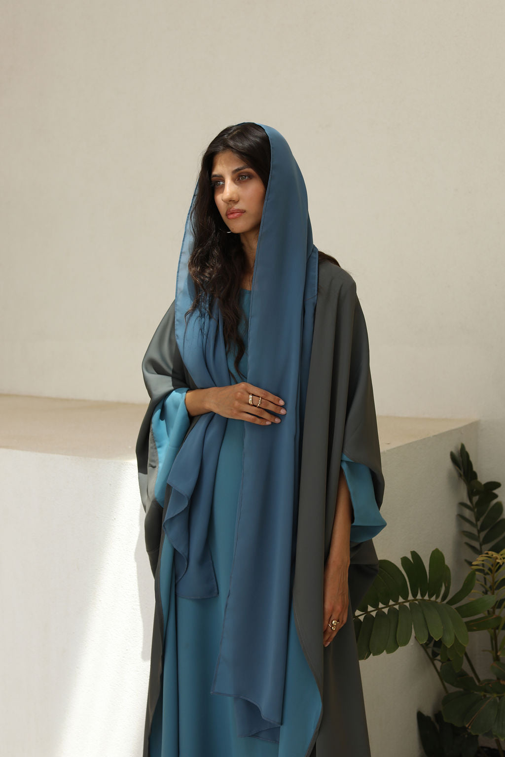 Teal Gray Double Face Crepe Poncho
