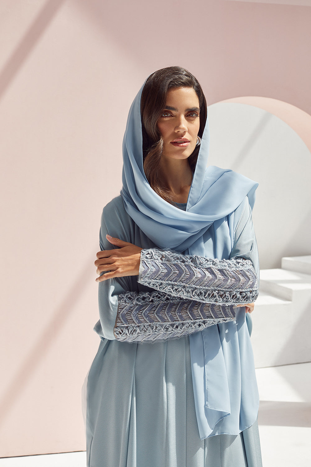 Sky Blue Silk Crepe with Embroidered Sleeves Abaya