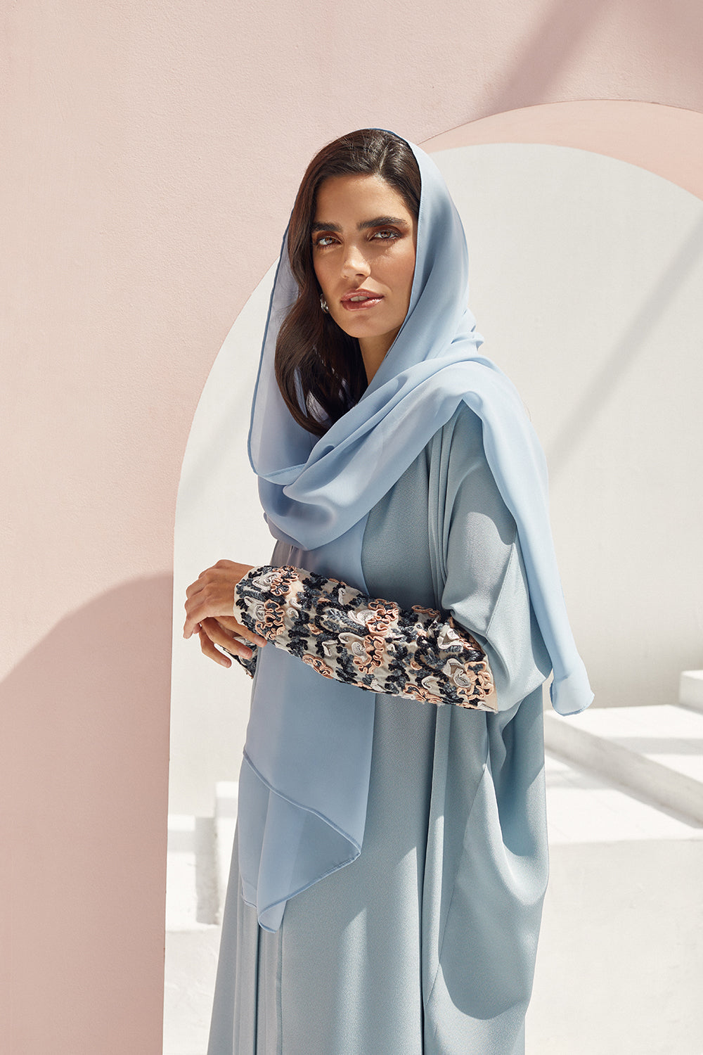 Sky Blue Silk Crepe with Ribbon Embroidered Sleeves Abaya