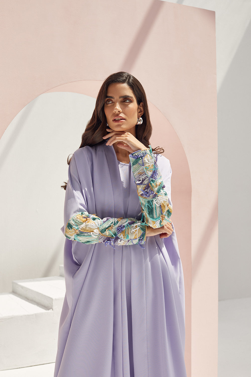 Lilac Crepe with Embroidered Sleeves Abaya
