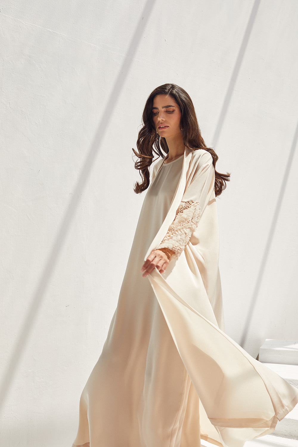 Nude Silk Crepe with 3D Tulle Sleeves Embroidery Abaya