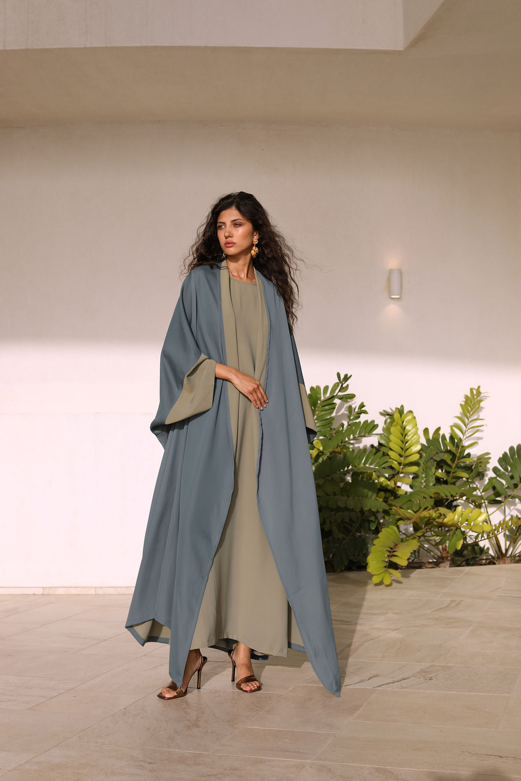 Baby Blue Taupe Double Face Crepe Poncho