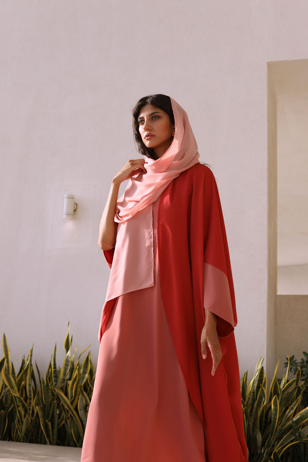 Red Coral Double Face Crepe Poncho
