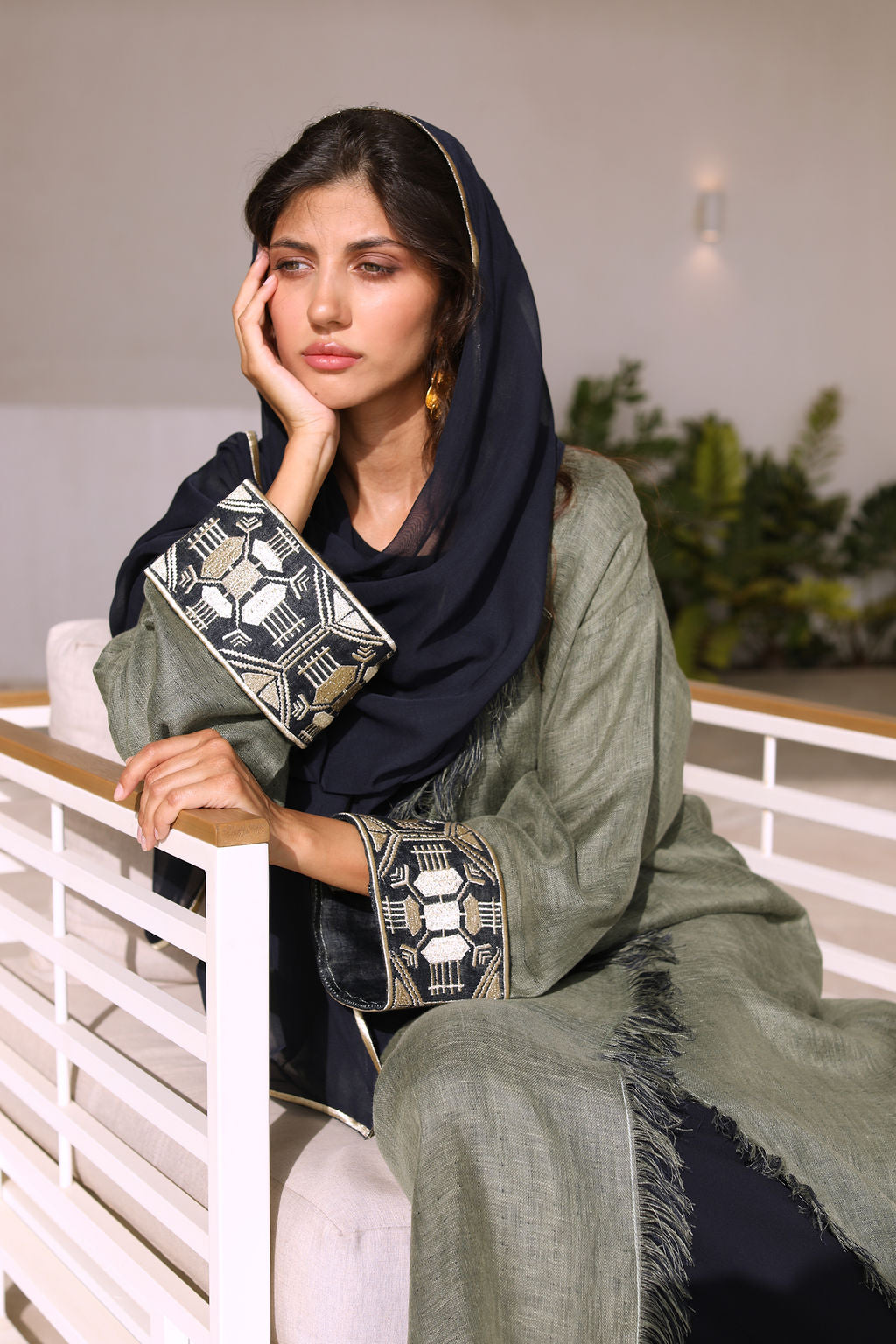 Olive Navy Double Face Linen with Sleeve Embroidery