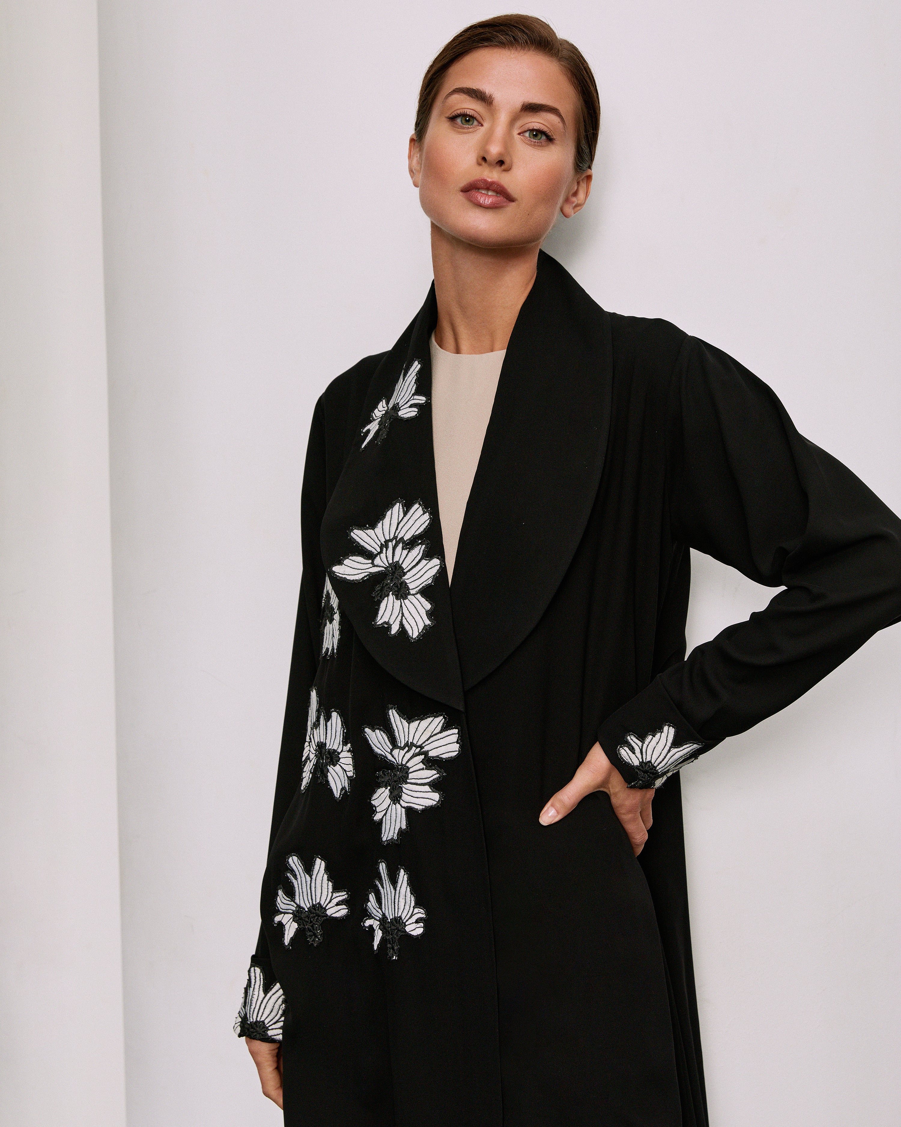 Black Crepe Collar Floral Applique Abaya