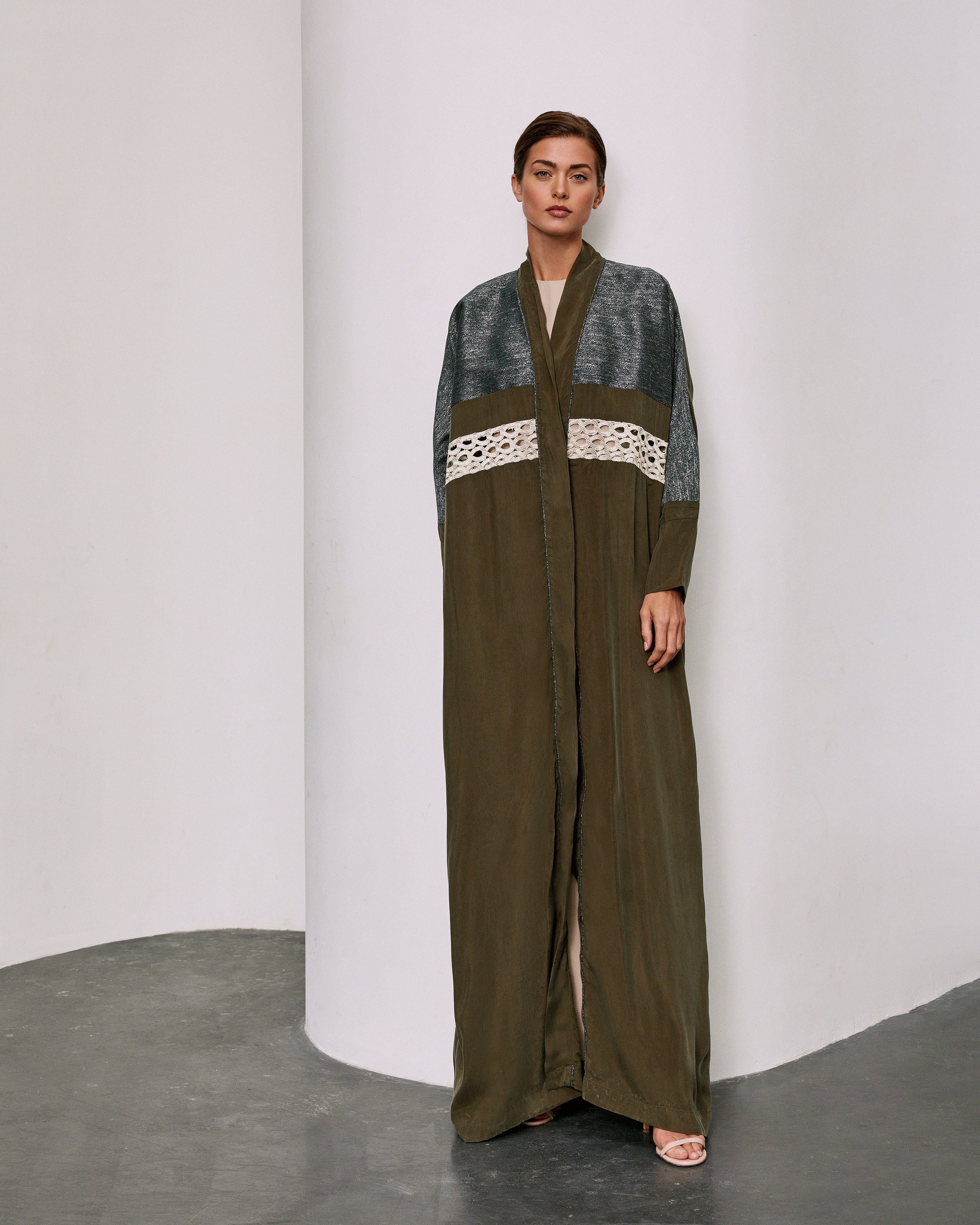 Olive Washed Silk Guipure Abaya
