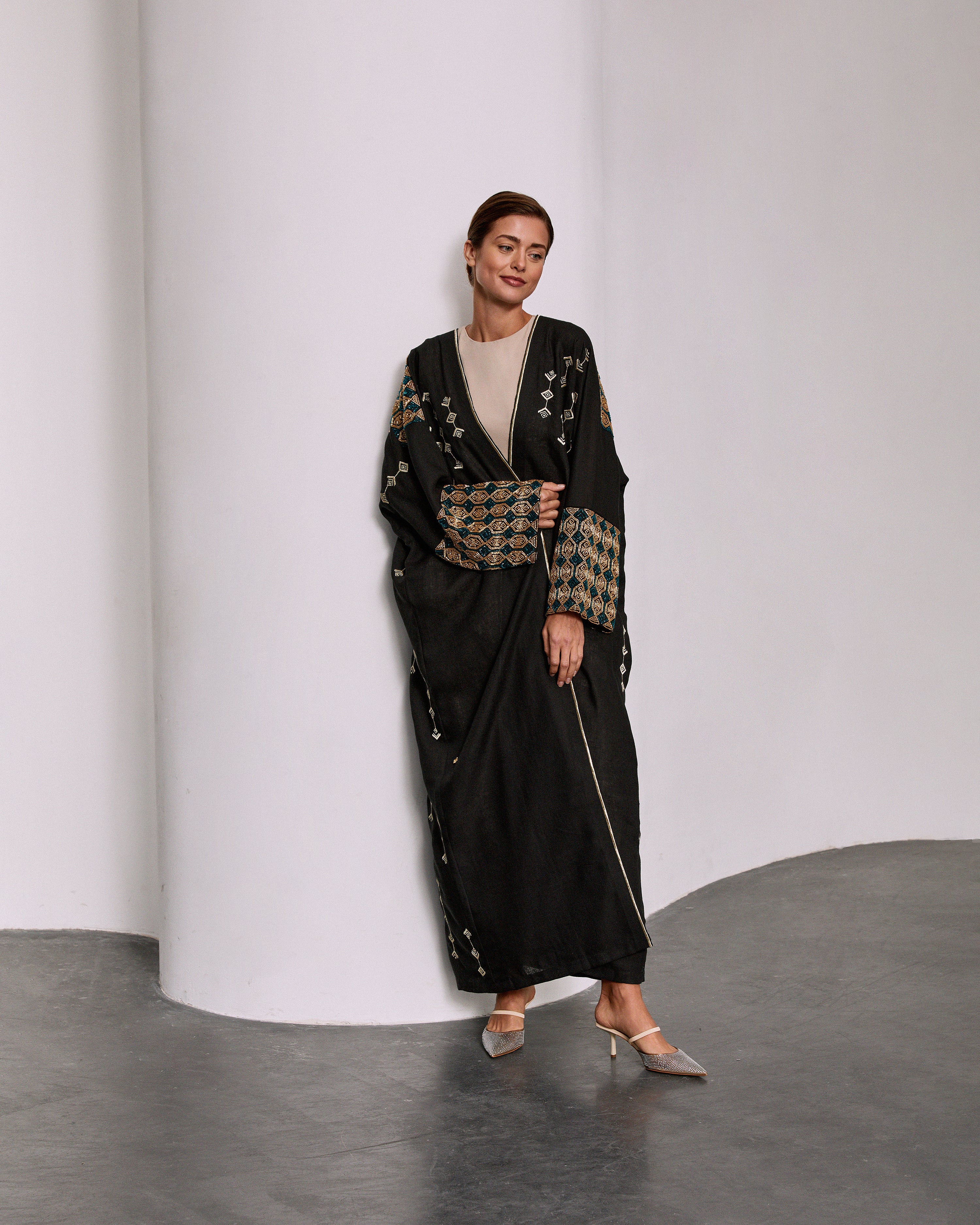 Black Linen Gold and Emerald Embroidered Abaya