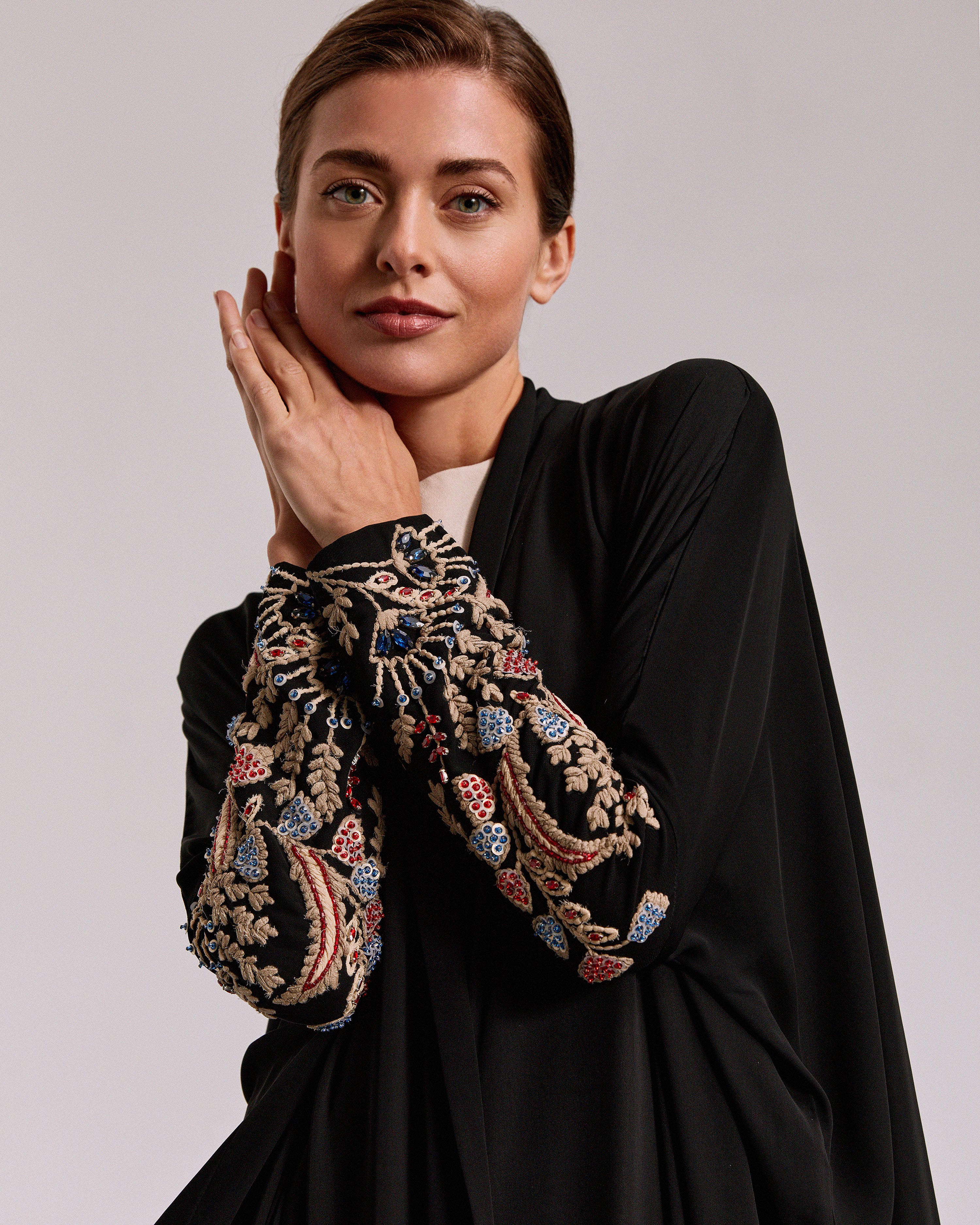 Black Soft Crepe Burlap Sleeve Embroidery
