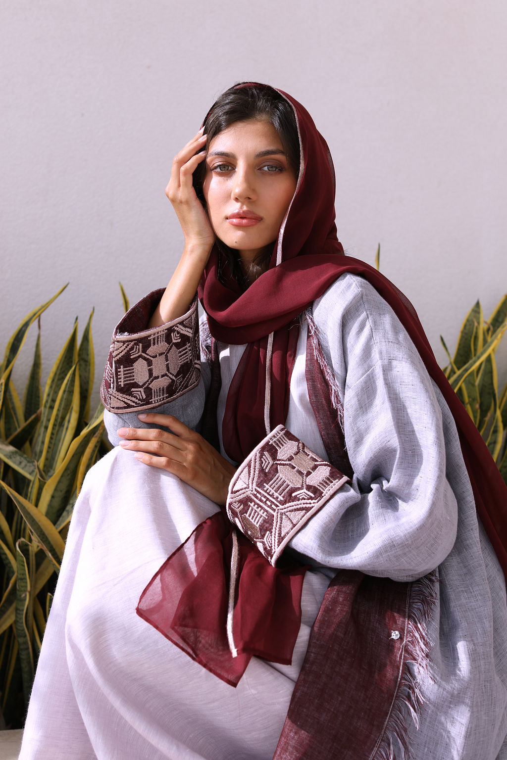 Lavender Burgundy Double Face Linen with Sleeve Embroidery