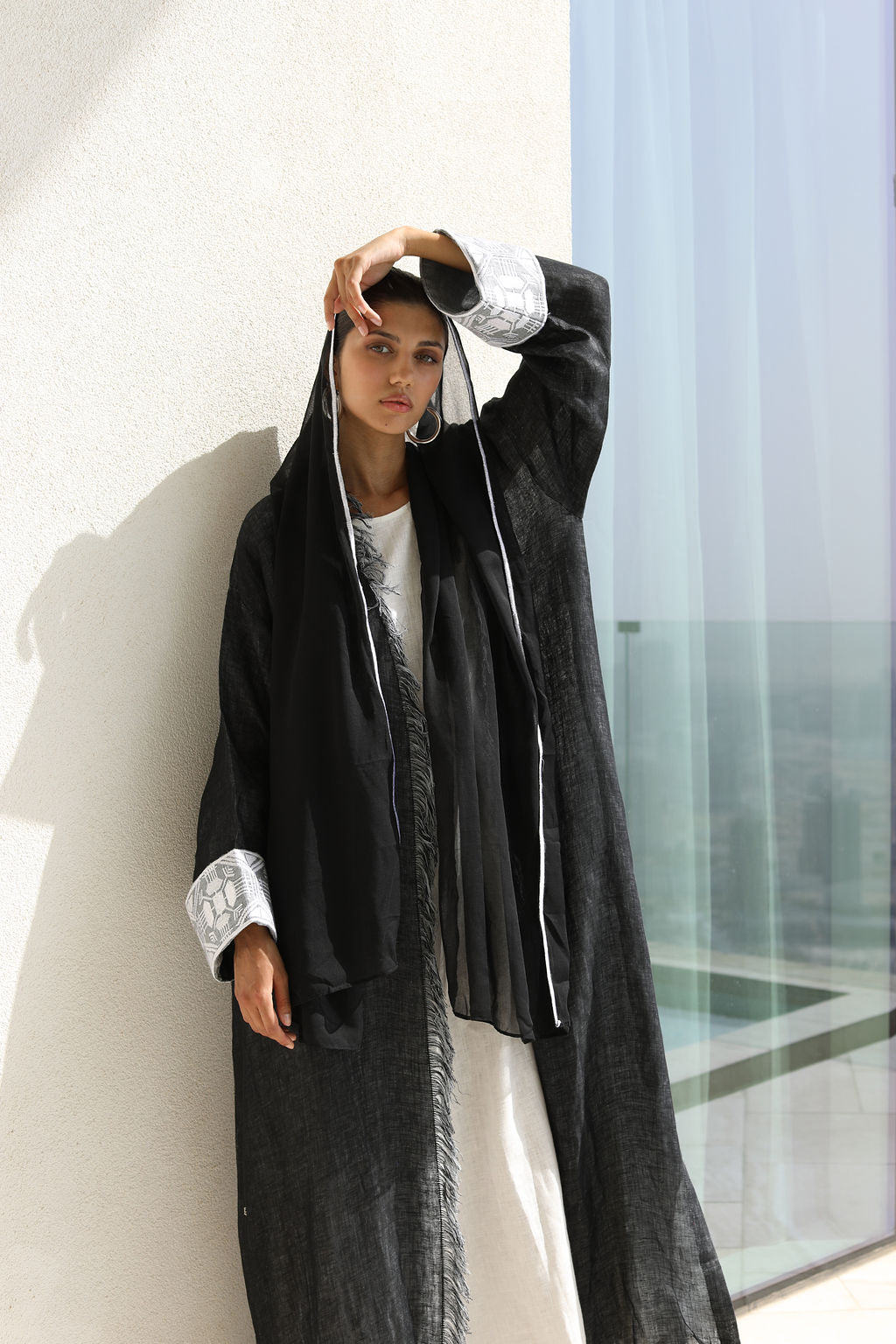Black Gray Double Face Linen with Sleeve Embroidery Abaya