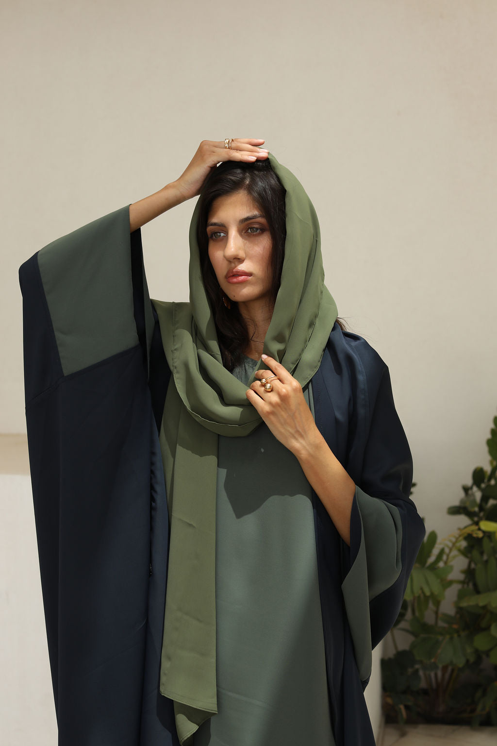 Navy Olive Double Face Crepe Poncho