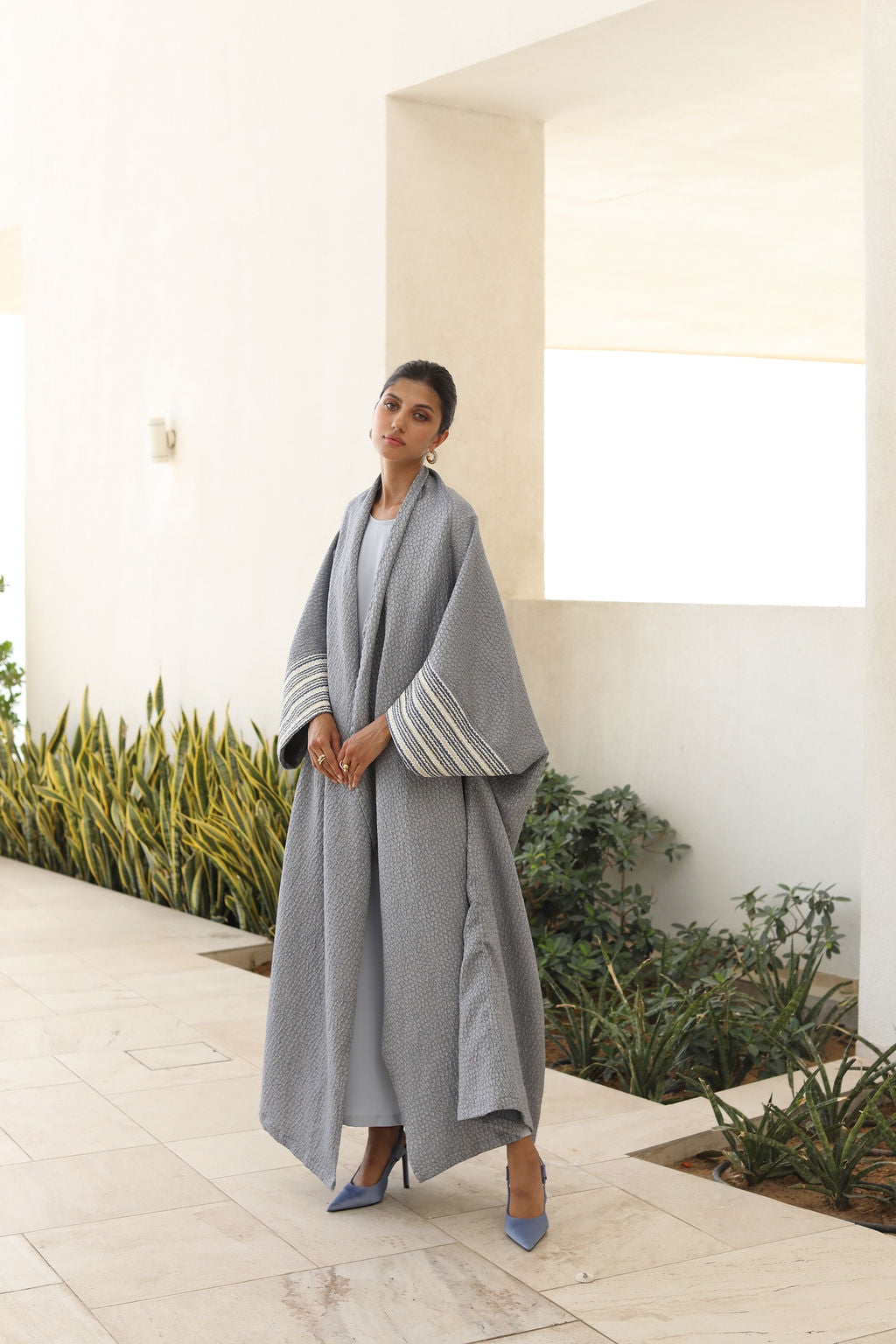 Blue Gray Brocade Poncho with Contrast Sleeves