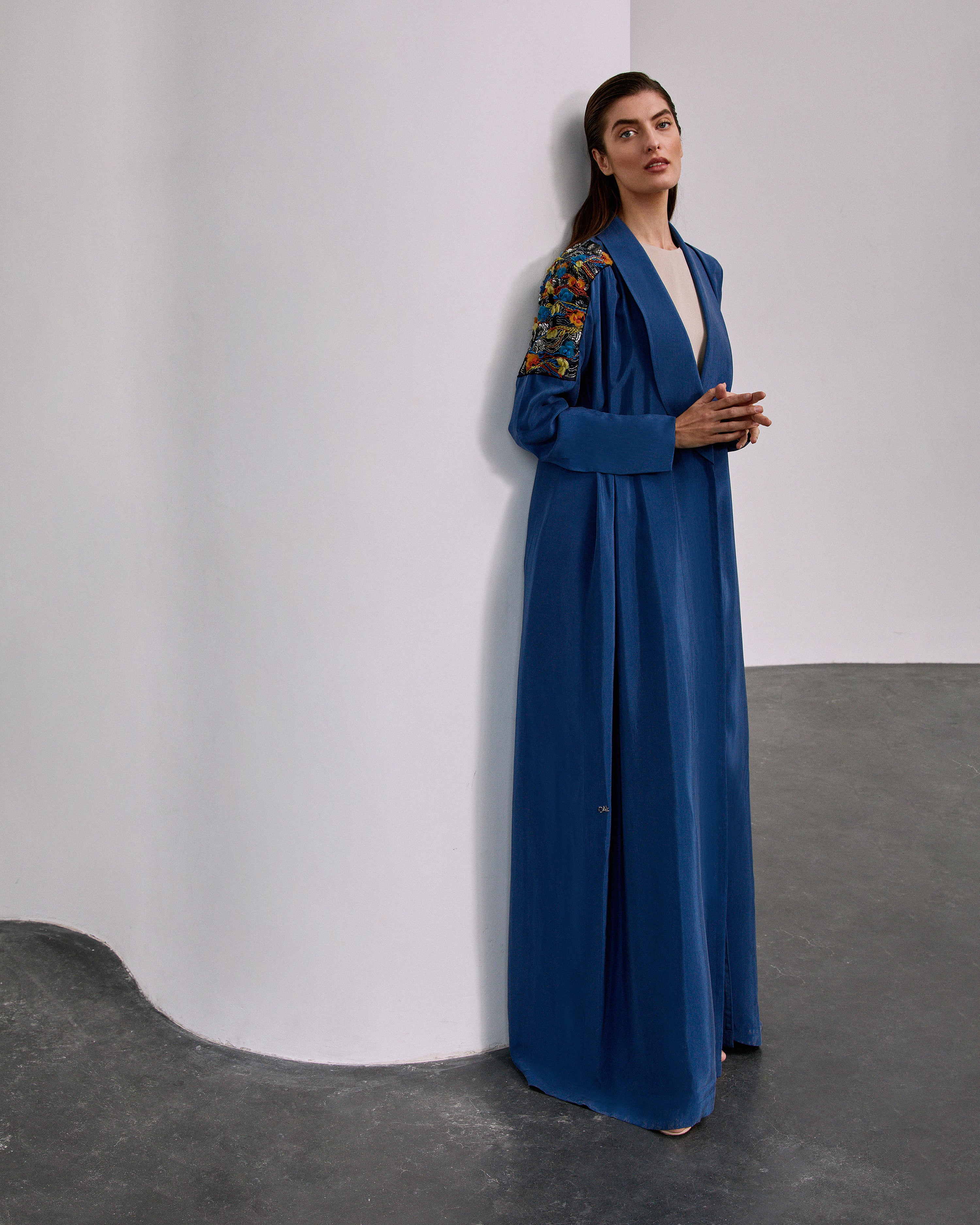 Royal Blue Washed Silk Abaya with Shoulder Embroidery